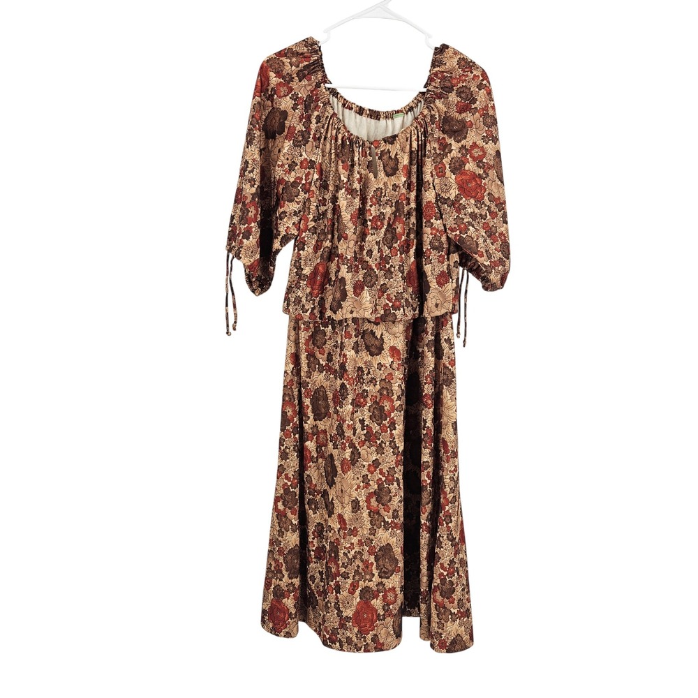 Vintage 70s Mumu Dress Brown Floral Midi Peasant Boho Blouson Tie Sleeve Size 8